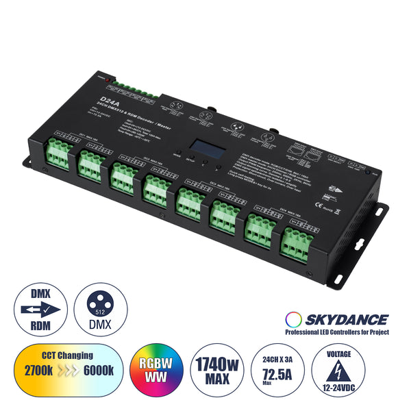 70673 D24A SKYDANCE DC DMX & RDM Dimmer High Speed Controller / Decoder / Master 24 Καναλιών DC 12-24V 24 x 3A 72W - Max 72.5A 1740W - IP20 DMX512 Μ16.7 x Π5 x Υ2.4cm - 5 Years Warranty