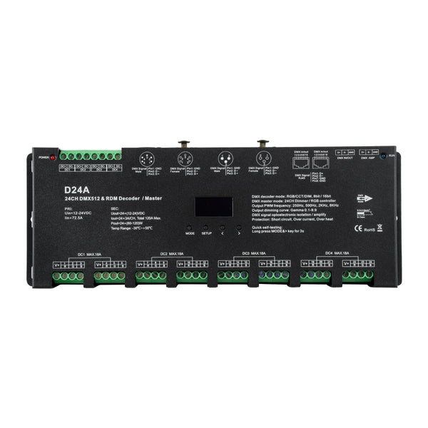 70673 D24A SKYDANCE DC DMX & RDM Dimmer High Speed Controller / Decoder / Master 24 Καναλιών DC 12-24V 24 x 3A 72W - Max 72.5A 1740W - IP20 DMX512 Μ16.7 x Π5 x Υ2.4cm - 5 Years Warranty