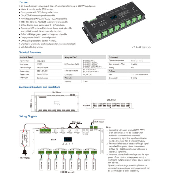 70673 D24A SKYDANCE DC DMX & RDM Dimmer High Speed Controller / Decoder / Master 24 Καναλιών DC 12-24V 24 x 3A 72W - Max 72.5A 1740W - IP20 DMX512 Μ16.7 x Π5 x Υ2.4cm - 5 Years Warranty