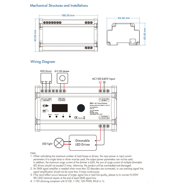 70674 SK1 SKYDANCE AC Triac DMX Dimmer Din Rail Ράγας 1 Καναλιού AC 100-240V 1 x 6A 1440W - Max 6A 1440W - IP20 DMX512 Μ16.8 x Π9.3 x Υ8cm - 5 Years Warranty