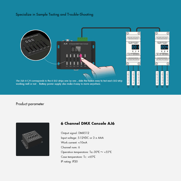 70675 AJ6 SKYDANCE DMX 6 Channel Fader Console - Κονσόλα Φωτισμού 6 Καναλιών DMX DC 5-12V ή 3 x AAA Μπαταρίες - IP20 Μ10 x Π7 x Υ4cm - 5 Years Warranty