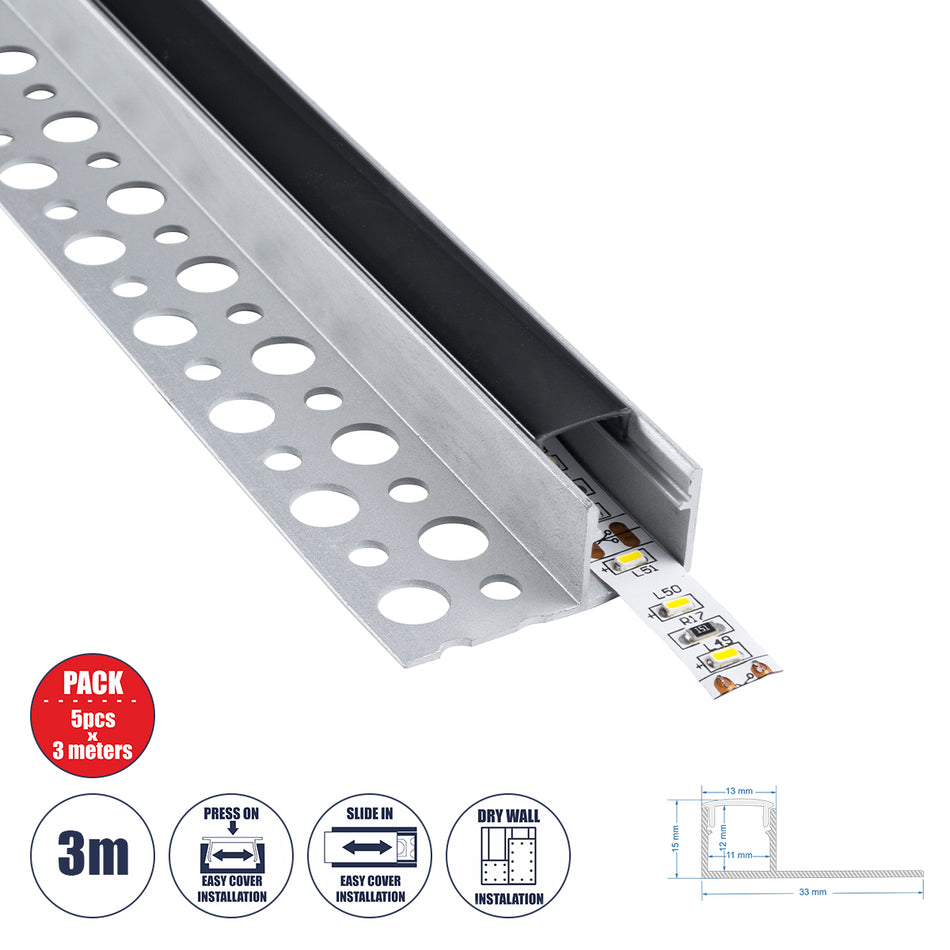 GloboStar® PLASTERBOARD-PROFILE 70835-3M Προφίλ Αλουμινίου - Βάση & Ψύκτρα Ταινίας LED με Μαύρο Φιμέ Κάλυμμα - Χωνευτή Τερματική Χρήση σε Τελείωμα Γυψοσανίδας ή σε Πλακάκι - Trimless - Πατητό Κάλυμμα - Ασημί - 3 Μέτρα - Πακέτο 5 Τεμαχίων - Μ300 x Π3.1 ...