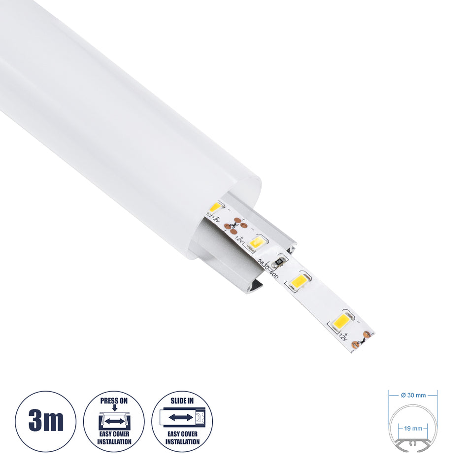 GLOBOSTAR® ALP-ROUND TUBIT 70853-3M Επιφανειακό & Κρεμαστό Προφίλ Αλουμινίου με Λευκό Γαλακτερό Πατητό Κάλυμμα για Ταινίες LED IP20 - Ασημί & Λευκό - Μ300 x Π3 x Υ3cm