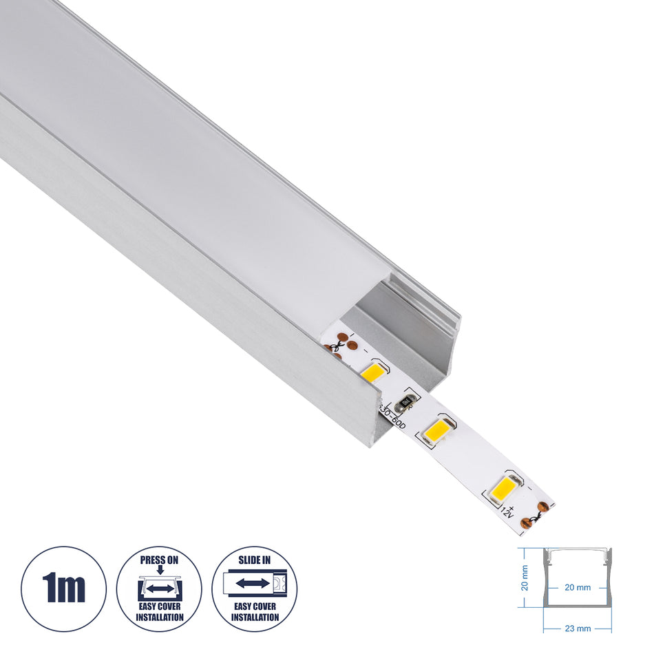 GLOBOSTAR® ALP-LINEAR LIGHTLINE 70867-1M Επιφανειακό Προφίλ Αλουμινίου με Λευκό Γαλακτερό Πατητό Κάλυμμα για Ταινίες LED IP20 - Ασημί & Λευκό - Μ100 x Π2.3 x Υ2cm