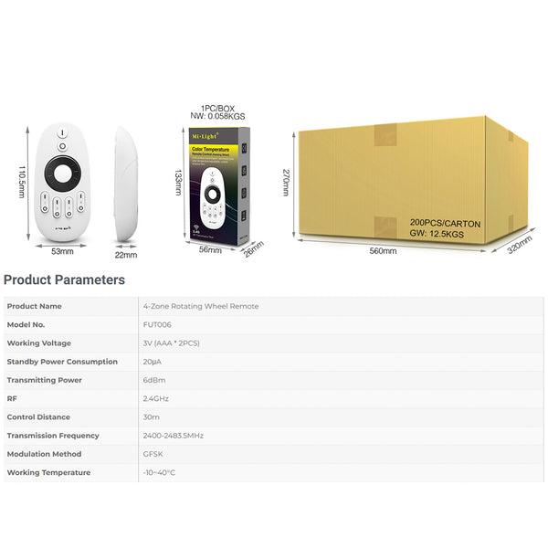 71402 FUT006 Mi-Light Ασύρματο Χειριστήριο RF 2.4Ghz 4 Group για όλα τα Μονόχρωμα & CCT Mi-BOXER Controller DC 3V 2 x AAA - IP20 Λευκό Μ10.8 x Π5.4 x Υ2cm - 5 Years Warranty