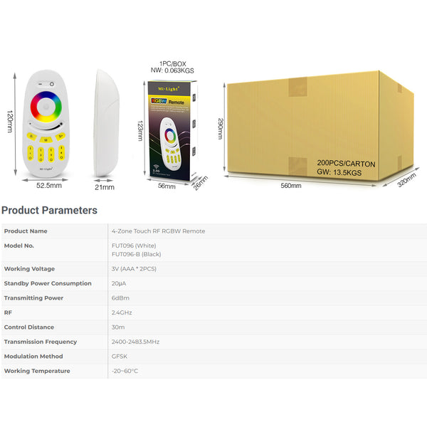 71409 FUT096 Mi-Light Ασύρματο Χειριστήριο Αφής RF 2.4Ghz 4 Group για όλα τα RGBW Mi-BOXER Controller DC 3V 2 x AAA - IP20 Λευκό Μ12 x Π5.4 x Υ2cm - 5 Years Warranty