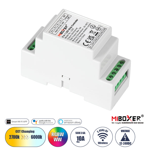 71415 LS2S Mi-BOXER DC WiFi & RF 2.4Ghz Dimmer High Speed Controller 5 Καναλιών DC 12-24V 5 x 6A 144W - Max 10A 240W - IP20 RGBW+WW - Din Rail Ράγας - Μ9 x Π3.4 x Υ6cm - 5 Years Warranty