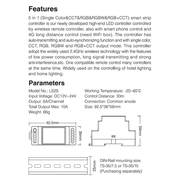 71415 LS2S Mi-BOXER DC WiFi & RF 2.4Ghz Dimmer High Speed Controller 5 Καναλιών DC 12-24V 5 x 6A 144W - Max 10A 240W - IP20 RGBW+WW - Din Rail Ράγας - Μ9 x Π3.4 x Υ6cm - 5 Years Warranty