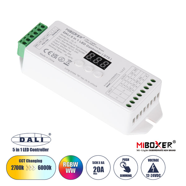 71423 DL-X Mi-BOXER DC DALI & Push Dimming 5 in 1 High Speed Controller / Dimmer 5 Καναλιών DC 12-24V 5 x 6A 144W - Max 20A 480W - IP20 RGBW+WW Μ13 x Π5 x Υ2.5cm - 5 Years Warranty