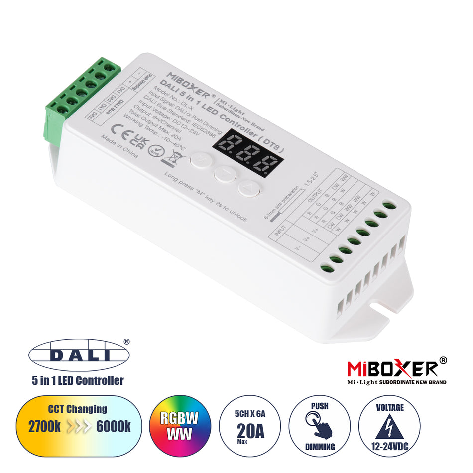GLOBOSTAR® MiBOXER-DL-X 71423 DC DALI BUS & Push Dimmer / Controller με 5 x 6A 144W Κανάλια DC 12-24V 20A 480W Max IP20 - DALI BUS & Push Dimming - Μ13 x Π5 x Υ2.5cm - 5 Χρόνια Εγγύηση