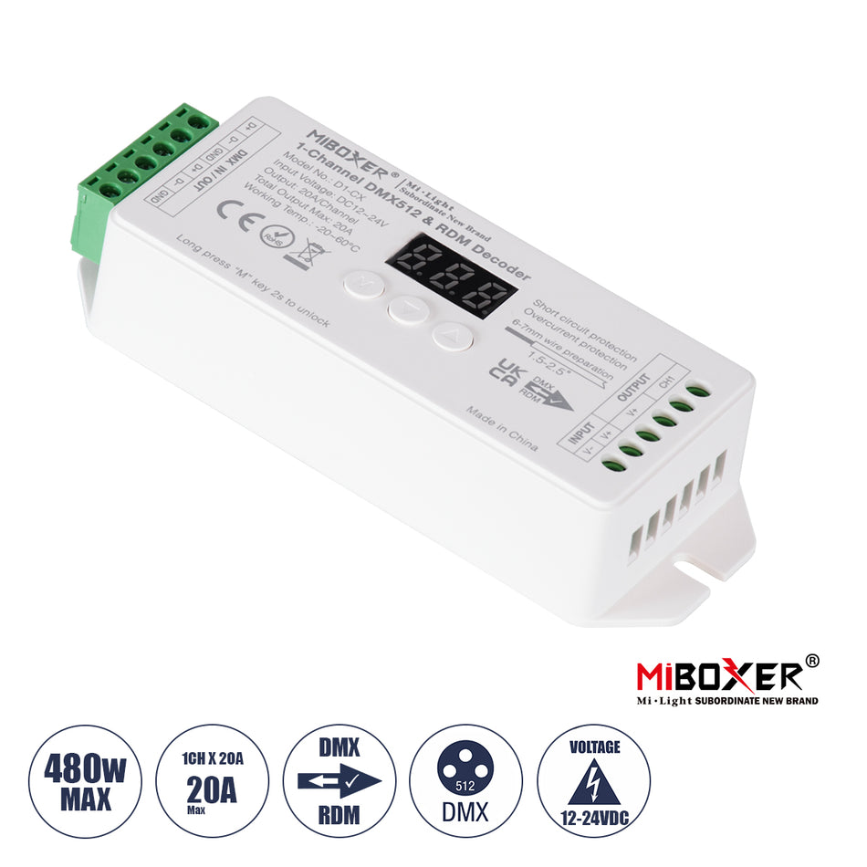GLOBOSTAR® MiBOXER-D1-CX 71424 DC DMX Master Dimmer / Controller / Decoder Υψηλής Ταχύτητας με 1 x 20A 480W Κανάλι DC 12-24V 20A 480W Max IP20 - DMX512 & RDM - Μ13 x Π5 x Υ2.5cm - 5 Χρόνια Εγγύηση