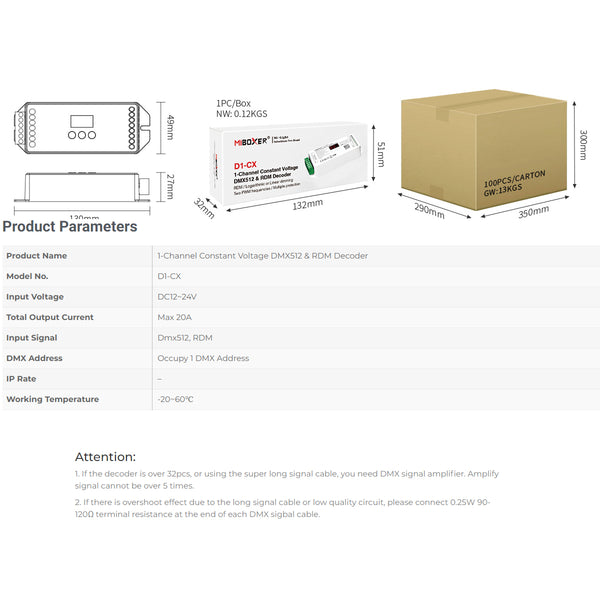 71424 D1-CX Mi-BOXER DC DMX & RDM Dimmer High Speed Controller / Decoder 1 Καναλιού DC 12-24V 1 x 20A 480W - Max 20A 480W - IP20 Μ13 x Π5 x Υ2.5cm - 5 Years Warranty