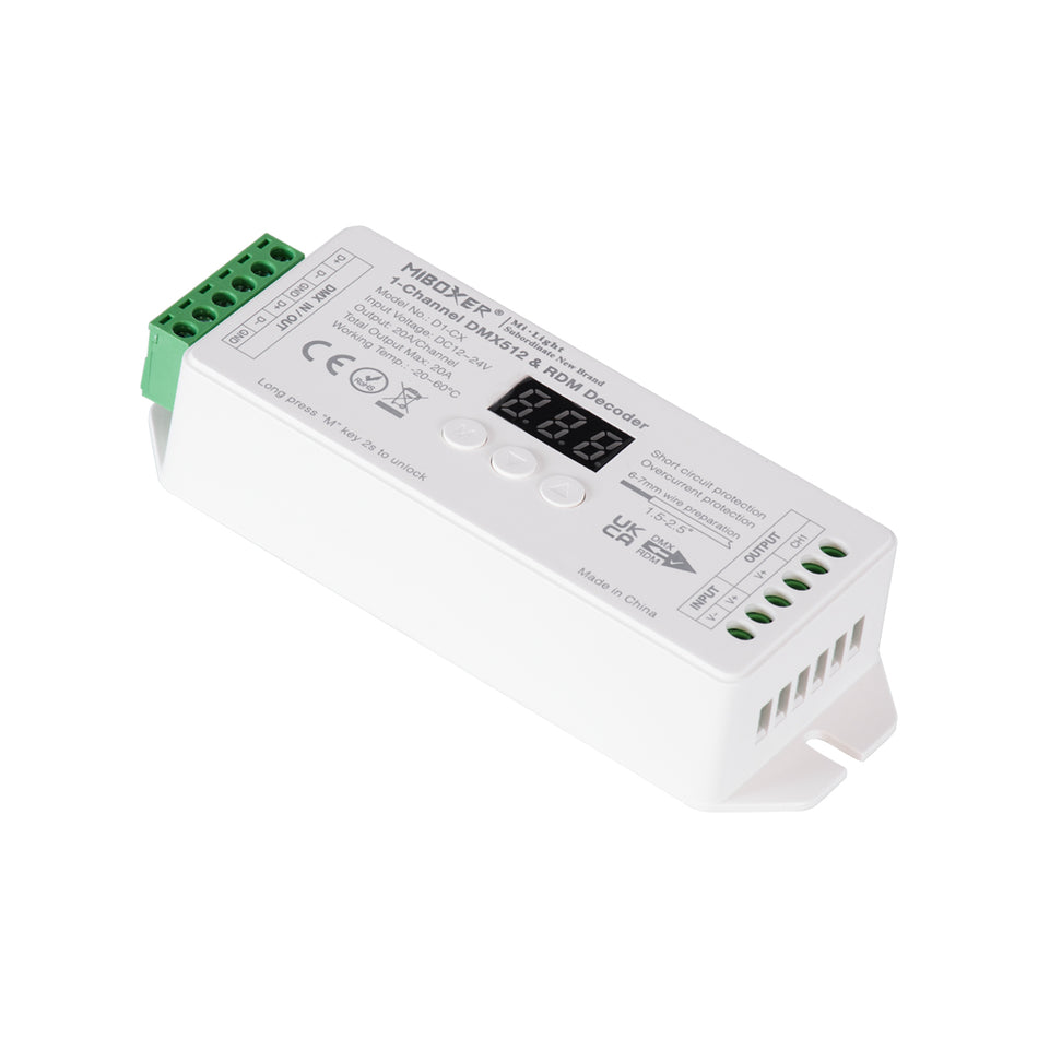 GLOBOSTAR® MiBOXER-D1-CX 71424 DC DMX Master Dimmer / Controller / Decoder Υψηλής Ταχύτητας με 1 x 20A 480W Κανάλι DC 12-24V 20A 480W Max IP20 - DMX512 & RDM - Μ13 x Π5 x Υ2.5cm - 5 Χρόνια Εγγύηση