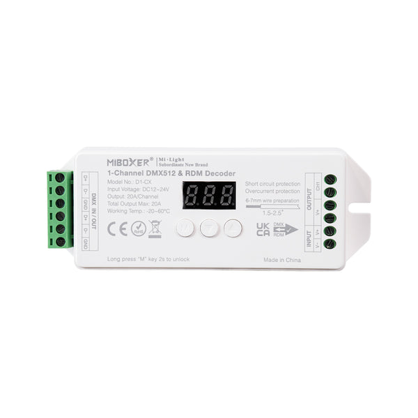 71424 D1-CX Mi-BOXER DC DMX & RDM Dimmer High Speed Controller / Decoder 1 Καναλιού DC 12-24V 1 x 20A 480W - Max 20A 480W - IP20 Μ13 x Π5 x Υ2.5cm - 5 Years Warranty