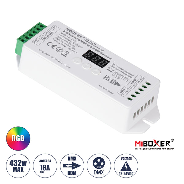 71425 D3-CX Mi-BOXER DC DMX & RDM Dimmer High Speed Controller / Decoder 3 Καναλιών DC 12-24V 3 x 6A 144W - Max 18A 432W - IP20 Μ13 x Π5 x Υ2.5cm - 5 Years Warranty