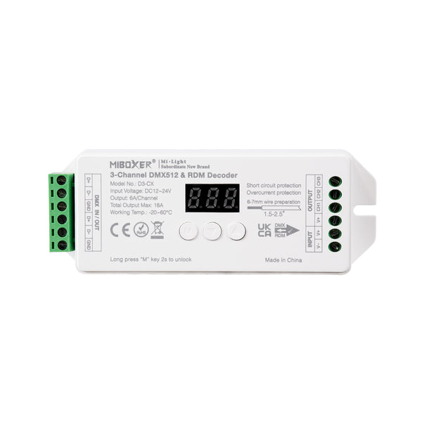 71425 D3-CX Mi-BOXER DC DMX & RDM Dimmer High Speed Controller / Decoder 3 Καναλιών DC 12-24V 3 x 6A 144W - Max 18A 432W - IP20 Μ13 x Π5 x Υ2.5cm - 5 Years Warranty