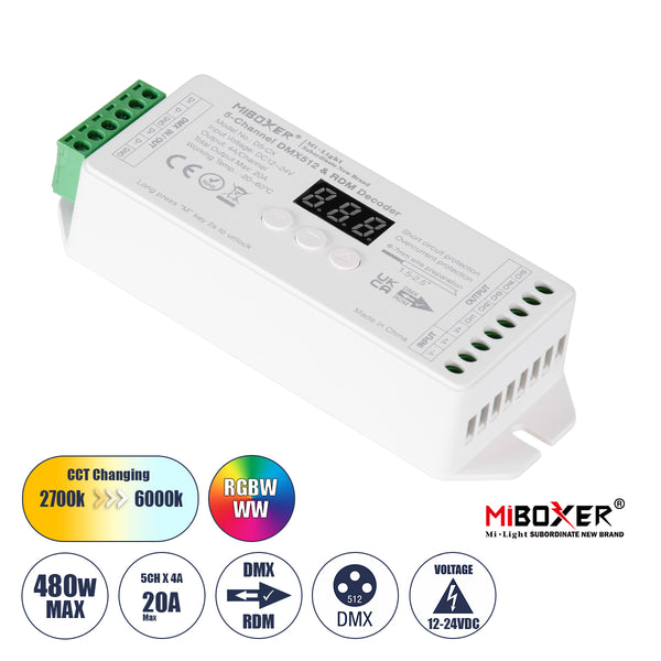 71426 D5-CX Mi-BOXER DC DMX & RDM Dimmer High Speed Controller / Decoder 5 Καναλιών DC 12-24V 5 x 4A 96W - Max 20A 480W - IP20 Μ13 x Π5 x Υ2.5cm - 5 Years Warranty