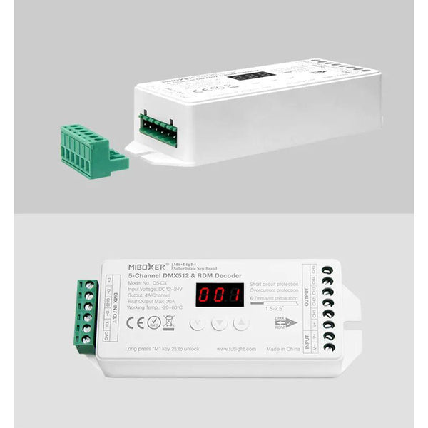 71426 D5-CX Mi-BOXER DC DMX & RDM Dimmer High Speed Controller / Decoder 5 Καναλιών DC 12-24V 5 x 4A 96W - Max 20A 480W - IP20 Μ13 x Π5 x Υ2.5cm - 5 Years Warranty