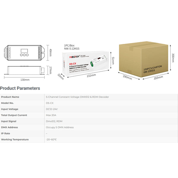 71426 D5-CX Mi-BOXER DC DMX & RDM Dimmer High Speed Controller / Decoder 5 Καναλιών DC 12-24V 5 x 4A 96W - Max 20A 480W - IP20 Μ13 x Π5 x Υ2.5cm - 5 Years Warranty