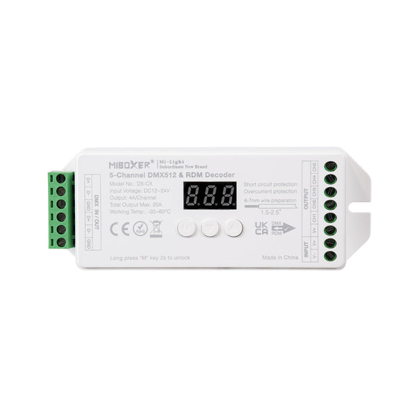 71426 D5-CX Mi-BOXER DC DMX & RDM Dimmer High Speed Controller / Decoder 5 Καναλιών DC 12-24V 5 x 4A 96W - Max 20A 480W - IP20 Μ13 x Π5 x Υ2.5cm - 5 Years Warranty