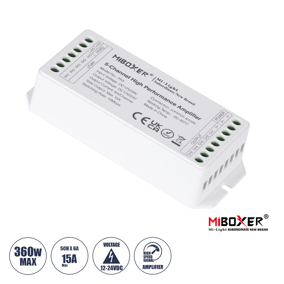 GLOBOSTAR® MiBOXER-PA5 71429 DC Ενισχυτής Ισχύος & Σήματος Υψηλής Ταχύτητας με 5 x 6A 144W Κανάλια DC 12-24V 15A 360W Max IP20 - Μ11.4 x Π4.9 x Υ2.8cm - 5 Χρόνια Εγγύηση