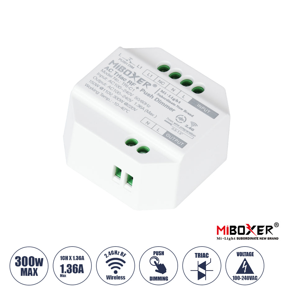 GLOBOSTAR® MiBOXER-TRI-C1 71432 AC Triac RF 2.4Ghz & Push Dimmer με 1 x 1.36A 300W Κανάλι AC 220-240V 1.36A 300W Max IP20 - RF 2.4Ghz & Push Dimming - Μ5 x Π5 x Υ2.3cm - 5 Χρόνια Εγγύηση