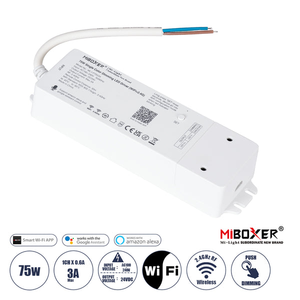 71437 WL1-P75V24 Mi-BOXER DC Smart Wifi & RF 2.4Ghz & Push Dimming Power Supply Τροφοδοτικό SELV & Controller / Dimmer All in One AC100-240V σε DC 24V 1 x 3A 75W - Max 3A 75W - IP20 Μ19 x Π5.5 x Υ3.2cm - 5 Years Warranty