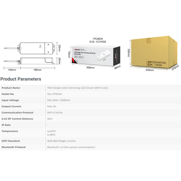 71437 WL1-P75V24 Mi-BOXER DC Smart Wifi & RF 2.4Ghz & Push Dimming Power Supply Τροφοδοτικό SELV & Controller / Dimmer All in One AC100-240V σε DC 24V 1 x 3A 75W - Max 3A 75W - IP20 Μ19 x Π5.5 x Υ3.2cm - 5 Years Warranty