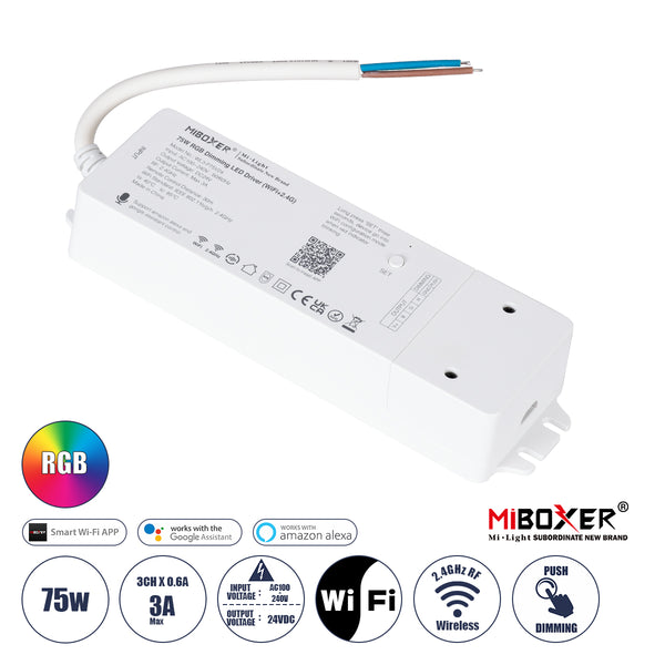 71439 WL3-P75V24 Mi-BOXER DC Smart Wifi & RF 2.4Ghz & Push Dimming Power Supply Τροφοδοτικό SELV & Controller / Dimmer All in One 3 Καναλιών AC100-240V σε DC 24V 3 x 0.6A 14.4W - Max 3A 75W - IP20 RGB Μ19 x Π5.5 x Υ3.2cm - 5 Years Warranty