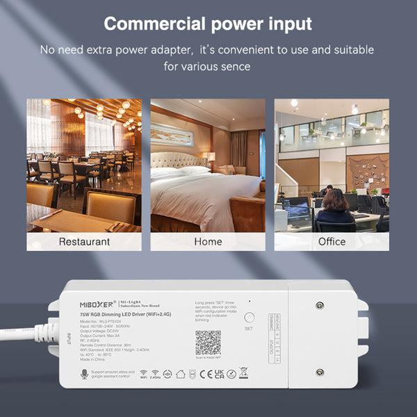 71439 WL3-P75V24 Mi-BOXER DC Smart Wifi & RF 2.4Ghz & Push Dimming Power Supply Τροφοδοτικό SELV & Controller / Dimmer All in One 3 Καναλιών AC100-240V σε DC 24V 3 x 0.6A 14.4W - Max 3A 75W - IP20 RGB Μ19 x Π5.5 x Υ3.2cm - 5 Years Warranty