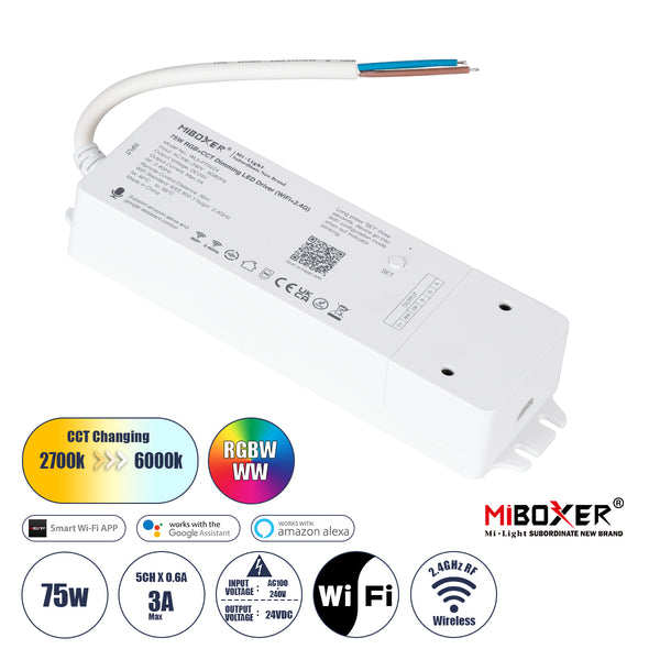 71441 WL5-P75V24 Mi-BOXER DC Smart Wifi & RF 2.4Ghz Power Supply Τροφοδοτικό SELV & Controller / Dimmer All in One 5 Καναλιών AC100-240V σε DC 24V 5 x 0.6A 14.4W - Max 3A 75W - IP20 RGBW+WW Μ19 x Π5.5 x Υ3.2cm - 5 Years Warranty