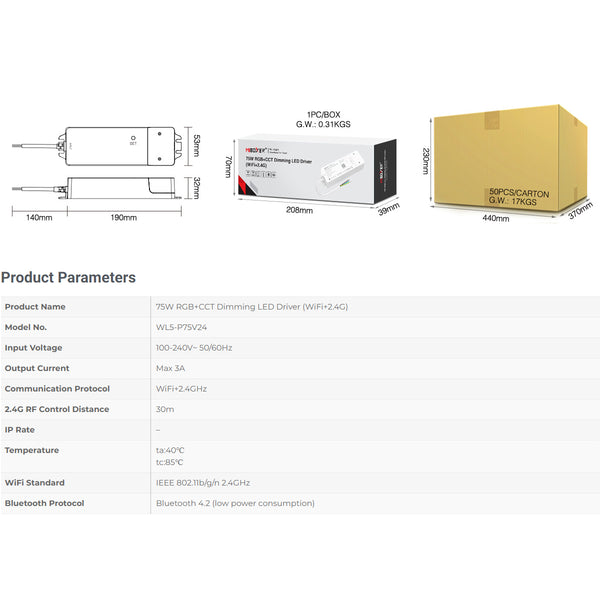 71441 WL5-P75V24 Mi-BOXER DC Smart Wifi & RF 2.4Ghz Power Supply Τροφοδοτικό SELV & Controller / Dimmer All in One 5 Καναλιών AC100-240V σε DC 24V 5 x 0.6A 14.4W - Max 3A 75W - IP20 RGBW+WW Μ19 x Π5.5 x Υ3.2cm - 5 Years Warranty