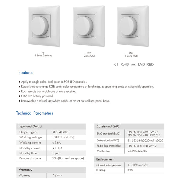 71443 K1 Mi-BOXER Ασύρματο Επιτοίχιο Χειριστήριο Dimmer RF 2.4Ghz για όλα τα Μονόχρωμα Mi-BOXER Controller DC 3V 1 x CR2032 - IP20 Λευκό Μ8.5 x Π8.5 x Υ2.5cm - 5 Years Warranty