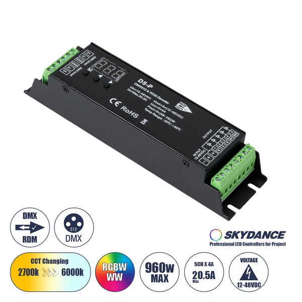 71445 D5-P SKYDANCE DC DMX & RDM Dimmer High Speed Controller / Decoder 5 Καναλιών DC 12-48V 5 x 4A 192W - Max 20.5A 960W - IP20 Μ17.5 x Π4.5 x Υ3.5cm - 5 Years Warranty