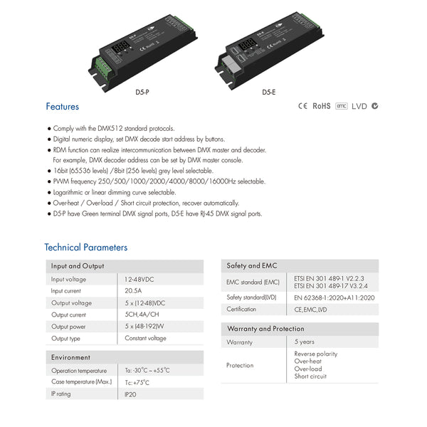 71445 D5-P SKYDANCE DC DMX & RDM Dimmer High Speed Controller / Decoder 5 Καναλιών DC 12-48V 5 x 4A 192W - Max 20.5A 960W - IP20 Μ17.5 x Π4.5 x Υ3.5cm - 5 Years Warranty