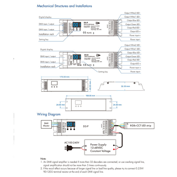 71445 D5-P SKYDANCE DC DMX & RDM Dimmer High Speed Controller / Decoder 5 Καναλιών DC 12-48V 5 x 4A 192W - Max 20.5A 960W - IP20 Μ17.5 x Π4.5 x Υ3.5cm - 5 Years Warranty