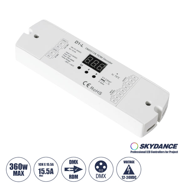 71446 D1-L SKYDANCE DC DMX & RDM Dimmer High Speed Controller / Decoder 1 Καναλιού DC 12-24V 1 x 15.5A 360W - Max 15.5A 360W - IP20 Μ17 x Π5 x Υ2.5cm - 5 Years Warranty