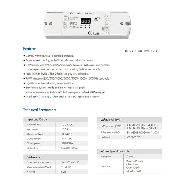 71446 D1-L SKYDANCE DC DMX & RDM Dimmer High Speed Controller / Decoder 1 Καναλιού DC 12-24V 1 x 15.5A 360W - Max 15.5A 360W - IP20 Μ17 x Π5 x Υ2.5cm - 5 Years Warranty