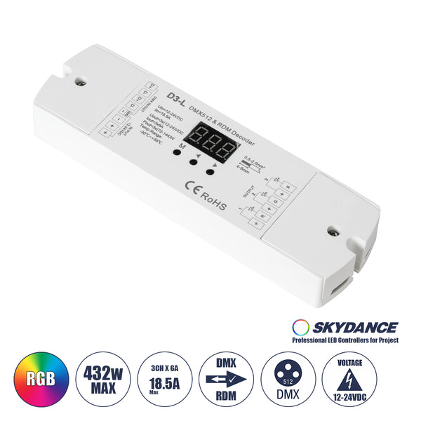 71447 D3-L SKYDANCE DC DMX & RDM Dimmer High Speed Controller / Decoder 3 Καναλιών DC 12-24V 3 x 6A 144W - Max 18.5A 432W - IP20 Μ17 x Π5 x Υ2.5cm - 5 Years Warranty