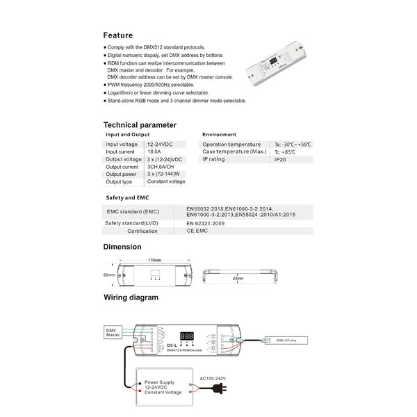 71447 D3-L SKYDANCE DC DMX & RDM Dimmer High Speed Controller / Decoder 3 Καναλιών DC 12-24V 3 x 6A 144W - Max 18.5A 432W - IP20 Μ17 x Π5 x Υ2.5cm - 5 Years Warranty