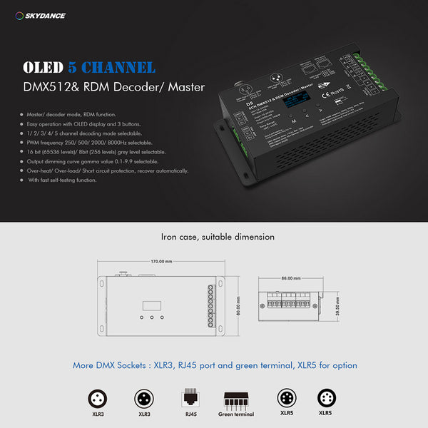 71448 D5 SKYDANCE DC DMX & RDM Dimmer High Speed Controller / Decoder 5 Καναλιών DC 12-24V 5 x 6A 144W - Max 30A 864W - IP20 Μ17 x Π8 x Υ4cm - 5 Years Warranty