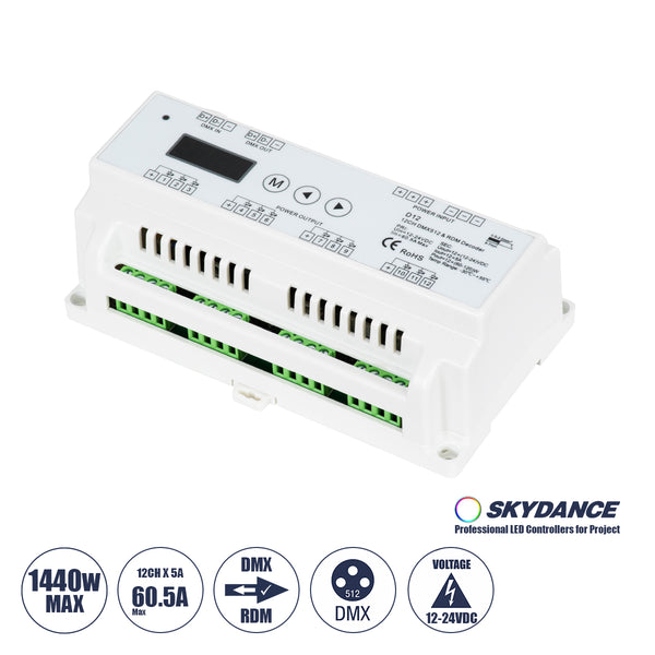 71449 D12 SKYDANCE DC DMX & RDM Dimmer Din Rail Ράγας High Speed Controller / Decoder / Master 12 Καναλιών DC 12-24V 12 x 5A 120W - Max 60.5A 1440W - IP20 Μ15.5 x Π9 x Υ6cm - 5 Years Warranty