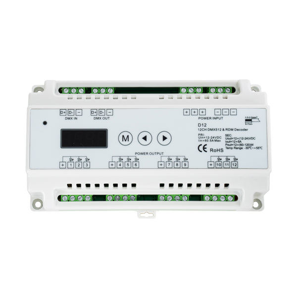 71449 D12 SKYDANCE DC DMX & RDM Dimmer Din Rail Ράγας High Speed Controller / Decoder / Master 12 Καναλιών DC 12-24V 12 x 5A 120W - Max 60.5A 1440W - IP20 Μ15.5 x Π9 x Υ6cm - 5 Years Warranty