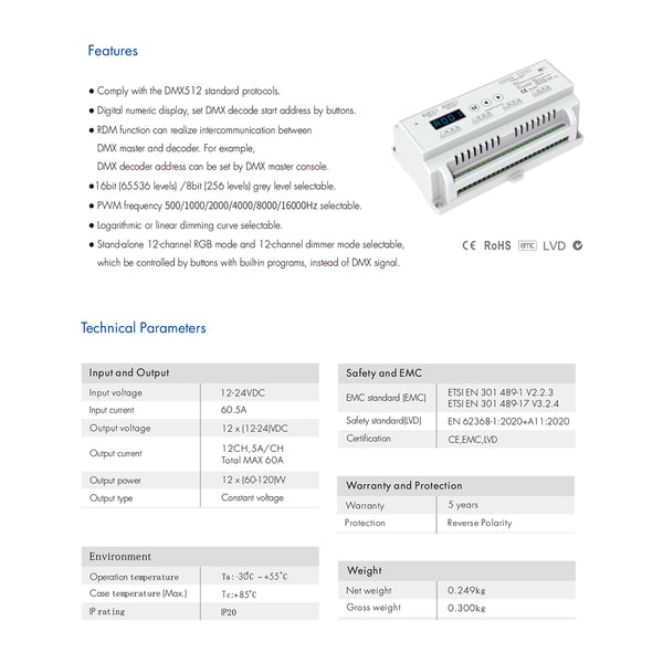 71449 D12 SKYDANCE DC DMX & RDM Dimmer Din Rail Ράγας High Speed Controller / Decoder / Master 12 Καναλιών DC 12-24V 12 x 5A 120W - Max 60.5A 1440W - IP20 Μ15.5 x Π9 x Υ6cm - 5 Years Warranty