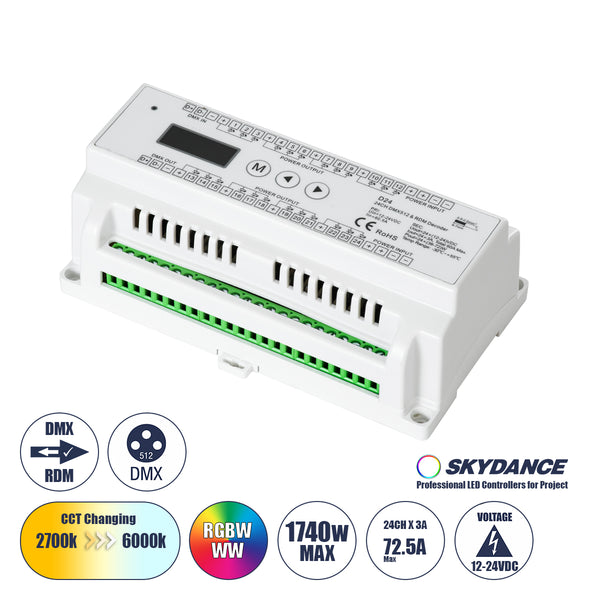 71450 D24 SKYDANCE DC DMX & RDM Dimmer Din Rail Ράγας High Speed Controller / Decoder 24 Καναλιών DC 12-24V 24 x 3A 72W - Max 72.5A 1740W - IP20 Μ16 x Π9 x Υ6cm - 5 Years Warranty