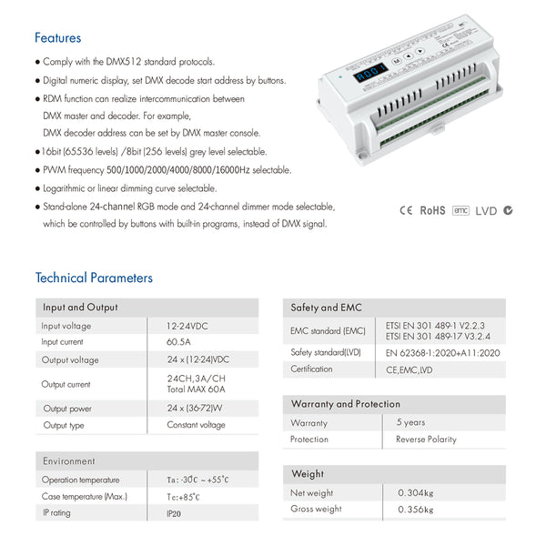 71450 D24 SKYDANCE DC DMX & RDM Dimmer Din Rail Ράγας High Speed Controller / Decoder 24 Καναλιών DC 12-24V 24 x 3A 72W - Max 72.5A 1740W - IP20 Μ16 x Π9 x Υ6cm - 5 Years Warranty