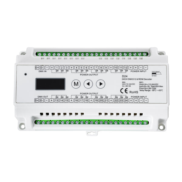 71450 D24 SKYDANCE DC DMX & RDM Dimmer Din Rail Ράγας High Speed Controller / Decoder 24 Καναλιών DC 12-24V 24 x 3A 72W - Max 72.5A 1740W - IP20 Μ16 x Π9 x Υ6cm - 5 Years Warranty