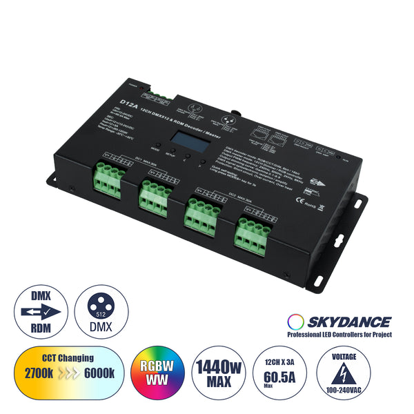 71451 D12A SKYDANCE DC DMX & RDM Dimmer High Speed Controller / Decoder / Master 12 Καναλιών DC 12-24V 12 x 5A 120W - Max 60.5A 1440W - IP20 Μ25 x Π11.5 x Υ4cm - 5 Years Warranty