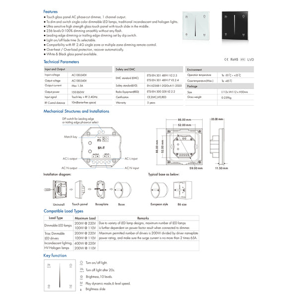 71452 S1-T SKYDANCE AC Smart RF 2.4Ghz & Αφής - Touch Triac Dimming AC100-240V σε AC100-240V 1 x 1.5A 360W - Max 1.5A 360W - IP20 - Λευκό Σώμα - Μ8.5 x Π8.5 x Υ3.2cm - 5 Years Warranty