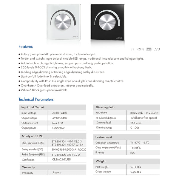 71454 S1-K SKYDANCE AC Smart RF 2.4Ghz & Ροοστάτη - Push ON/OFF Triac Dimming AC100-240V σε AC100-240V 1 x 1.5A 360W - Max 1.5A 360W - IP20 - Λευκό Σώμα - Μ8.5 x Π8.5 x Υ5cm - 5 Years Warranty